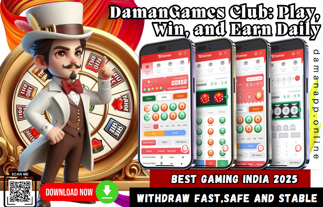 Promotional banner for DamanGames Club featuring a cartoon man in a white suit and top hat standing in front of a large roulette wheel. Four smartphones display various Daman gaming screens. The banner includes text promoting daily earnings, fast withdrawals, and a download button with a QR code.