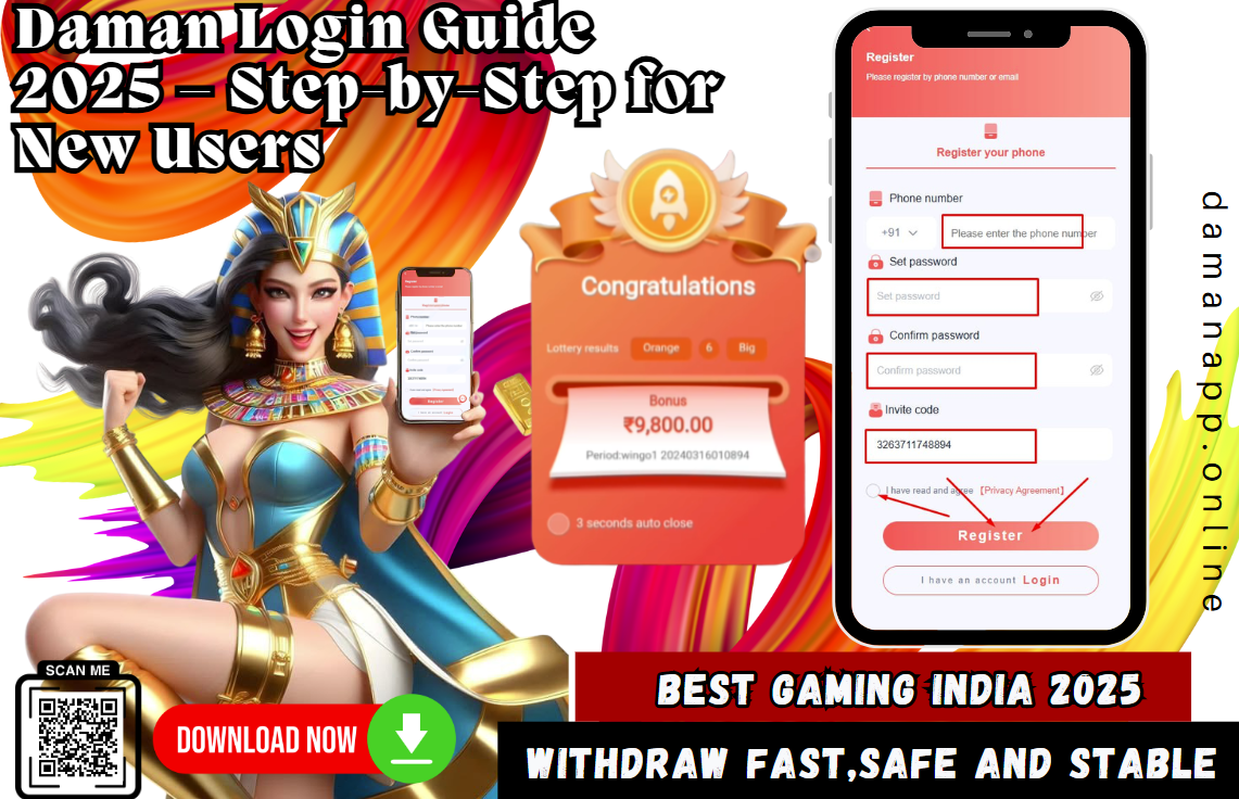 Colorful promotional image for "Daman Login Guide 2025 – Step-by-Step for New Users" featuring a fantasy character dressed as an Egyptian queen holding a smartphone. The image highlights easy registration steps on a mobile screen, a bonus reward, a download button, and emphasizes fast, safe, and stable withdrawals.