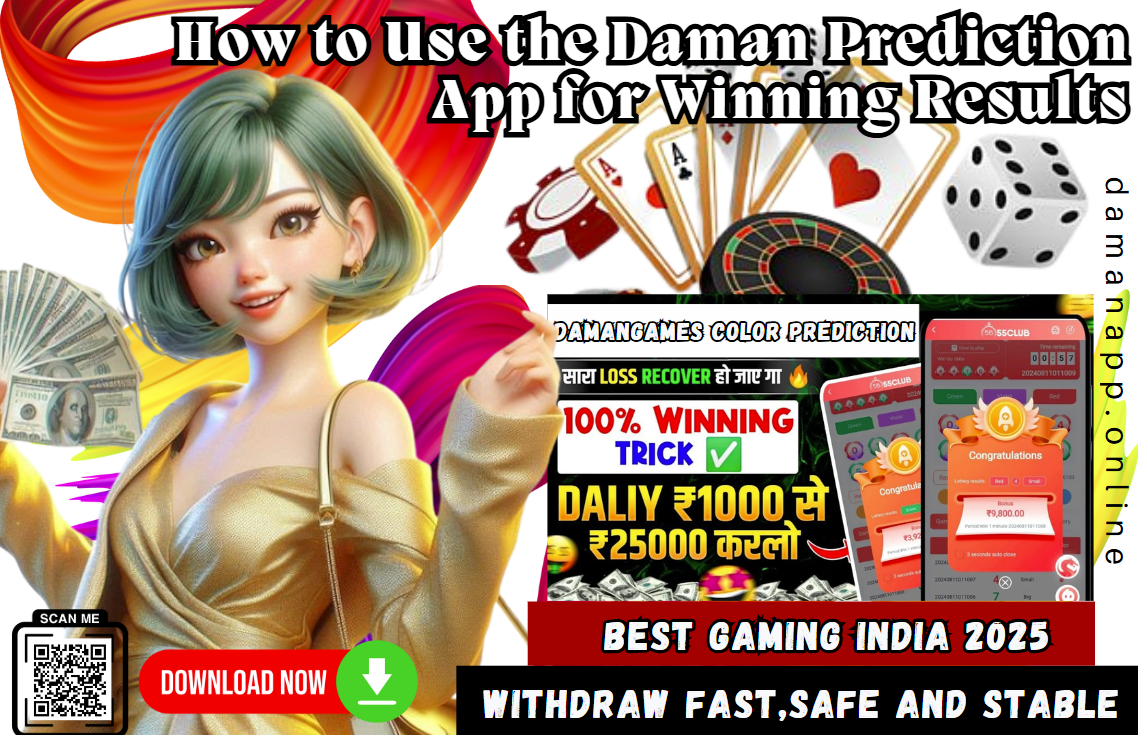 Promotional image featuring a red-haired animated character holding cash, two mobile screens showing the Daman Game app interface, and bold text promoting real cash earnings through gameplay. Background includes colorful ribbons, casino icons, and a QR code for downloading the app.
