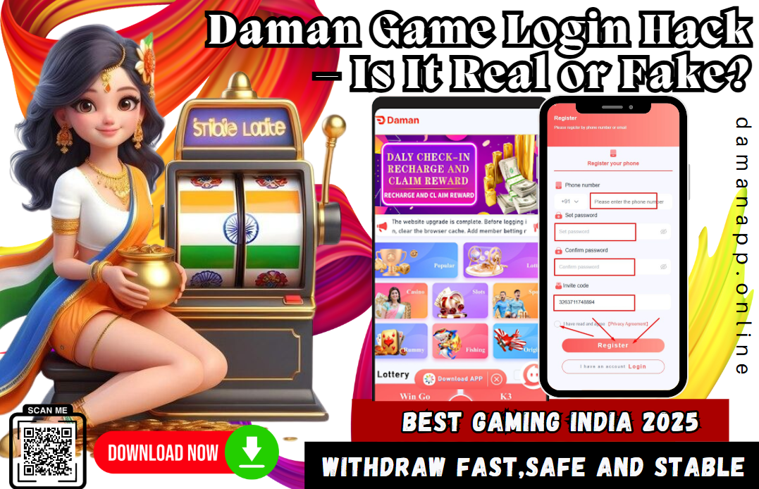 A promotional graphic for the Daman Game app, featuring a cartoon-style Indian woman in traditional attire sitting beside a slot machine with the Indian flag. The image also shows the Daman app interface on a phone screen, with a registration form and game icons. Text on the graphic includes: "Daman Game Login Hack – Is It Real or Fake?", "Best Gaming India 2025", "Withdraw Fast, Safe and Stable", and "Download Now" with a QR code. Website URL "damanapp.online" is written vertically on the side.