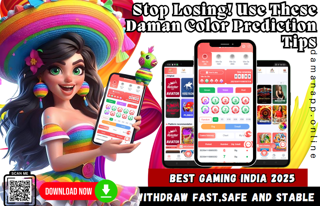 Colorful promotional image for Daman Color Prediction tips, featuring a cartoon woman in a rainbow outfit holding a smartphone showing the Daman game app interface, with bold text promoting "Stop Losing! Use These Daman Color Prediction Tips" and download instructions.