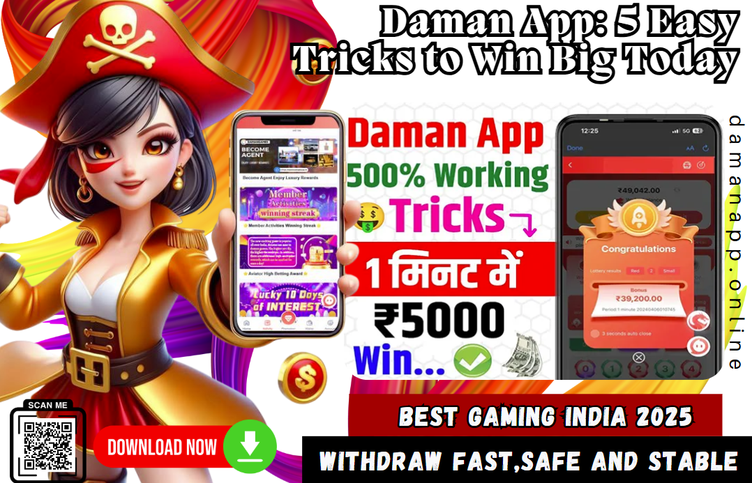 Colorful Daman App promotional poster featuring a female pirate cartoon holding a smartphone showing the app, with text highlighting “500% Working Tricks,” “Win ₹5000 in 1 Minute,” and “Withdraw Fast, Safe and Stable,” along with a download button and QR code.
