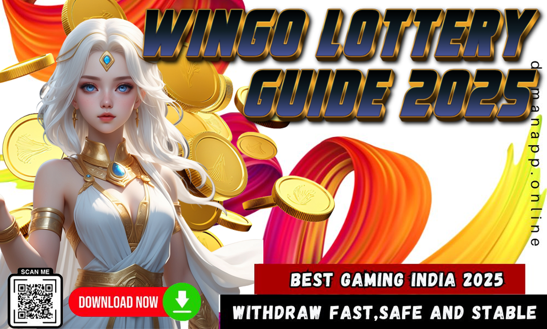 A fantasy-style female character with long white hair and a golden outfit stands beside flying gold coins and colorful swirls. Bold text reads "Wingo Lottery Guide 2025." A red button says "Download Now" with a QR code beside it. Additional text includes "Best Gaming India 2025" and "Withdraw Fast, Safe and Stable."