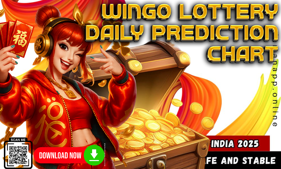 A vibrant promotional image featuring a cheerful red-haired girl in a red hoodie and gold headphones holding red cards, standing beside a treasure chest overflowing with gold coins. The text reads “Wingo Lottery Daily Prediction Chart” in bold gold letters. A green "Download Now" button with a QR code is placed in the bottom left. Background banners and coins suggest excitement and prosperity. Text also includes “India 2025” and “Safe and Stable.”