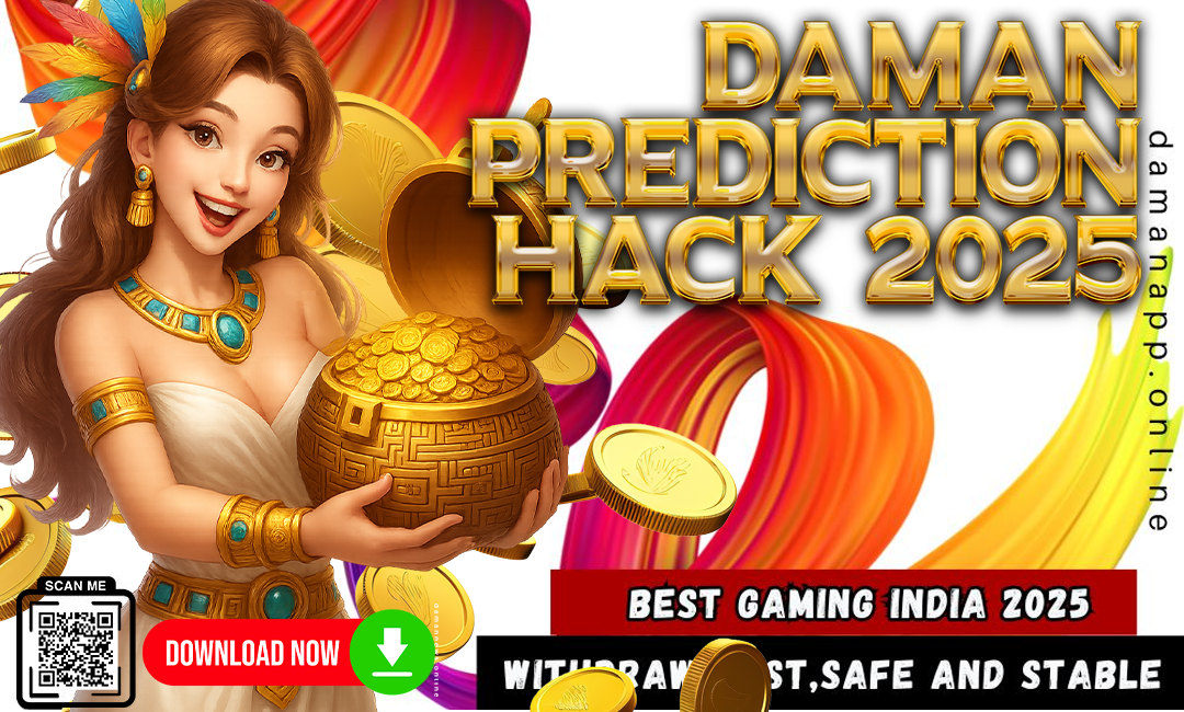 Promotional graphic for "Daman Prediction Hack 2025" featuring a cheerful animated woman in white and gold holding a treasure pot full of coins. Colorful swirls and gold coins decorate the background. Text highlights it as the best gaming platform in India for 2025, with fast, safe withdrawals and a prominent "Download Now" button and QR code.