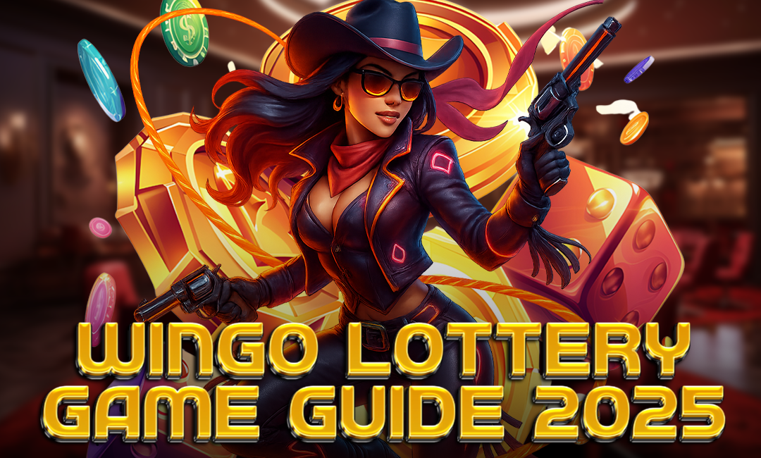 Cowgirl-themed character holding pistols in front of golden lottery elements, promoting Wingo Lottery Game Guide 2025.