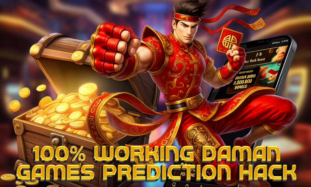 Illustration of a heroic warrior in red martial arts attire holding a gold token, standing in front of a treasure chest filled with coins and a mobile phone showing the Daman Games app interface, with bold text "100% Working Daman Games Prediction Hack."