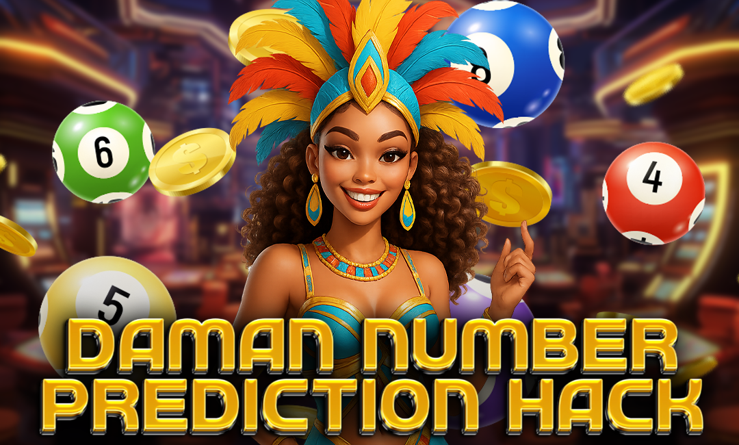 A vibrant illustration featuring a cheerful woman in a colorful feathered headdress and carnival outfit, standing in a lively casino setting. She is surrounded by lottery balls, gold coins, and the bold text “Daman Number Prediction Hack” in gold lettering.