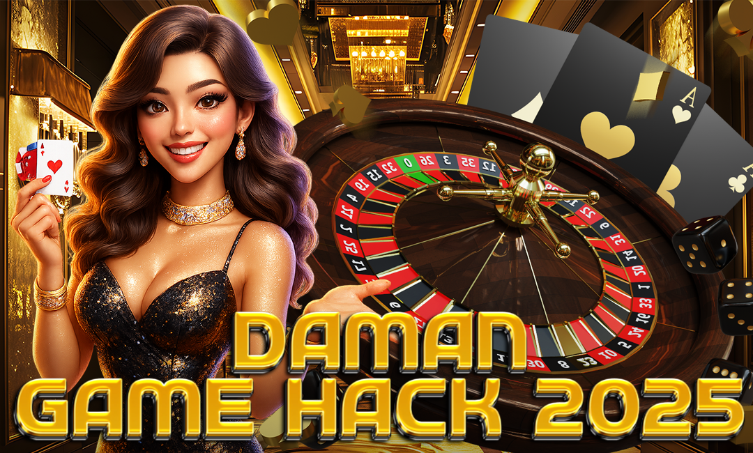 Elegant woman holding playing cards in a golden casino setting, with roulette wheel and poker elements, promoting Daman Game Hack 2025.