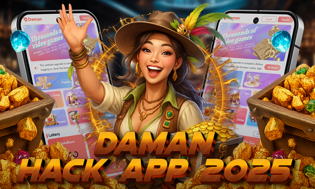 A cheerful female adventurer stands surrounded by treasure, gold coins, and sparkling gems, with the Daman app interface displayed on two mobile devices in the background. Bold text reads “Daman Hack App 2025” in glowing orange-gold letters.