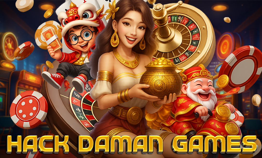 Happy woman holding a golden pot surrounded by casino-themed characters, roulette wheel, poker chips, and festive coins, representing the excitement of using hack Daman Games.