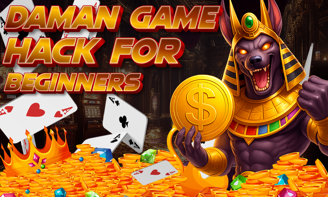 Daman Game Hack for Beginners banner showing a fierce Egyptian-themed character holding a gold coin, surrounded by cards, gems, and gold coins.