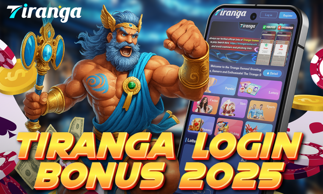 A powerful, animated god-like character with blue hair and a golden trident stands beside a smartphone displaying the Tiranga Games app interface. Surrounding him are casino-themed items like poker chips, playing cards, and floating money. Bold text reads "Tiranga Login Bonus 2025."