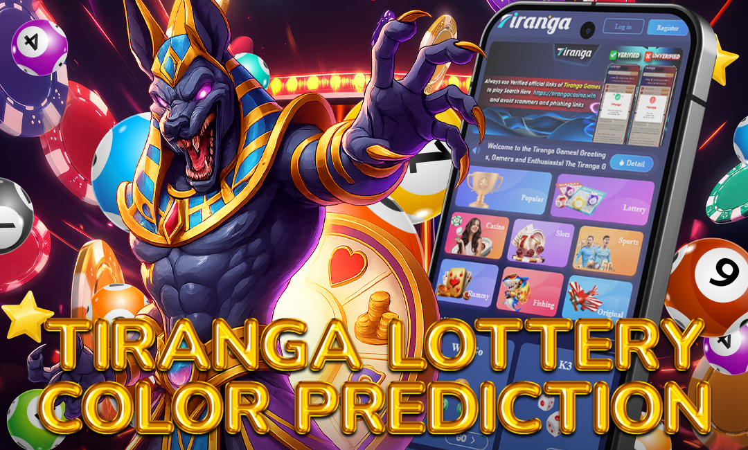 A fantasy-themed creature in gold armor reaches out dramatically in front of a mobile phone screen showing the Tiranga Lottery app interface, surrounded by colorful lottery balls and casino elements. The bold title reads: "Tiranga Lottery Color Prediction."