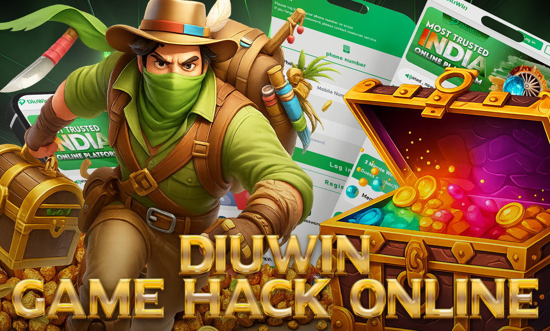 A masked explorer in green gear runs with treasure chests, coins, and potions, with Diuwin login screens in the background and the bold text "Diuwin Game Hack Online."