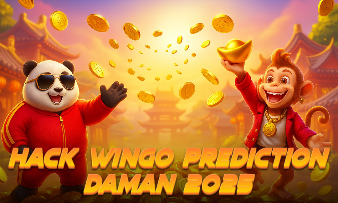 Cartoon-style panda in a red tracksuit and sunglasses stands next to a cheerful monkey holding a gold ingot, with golden coins flying in the air. Bright background shows traditional Asian architecture with the bold text "Hack Wingo Prediction Daman 2025."