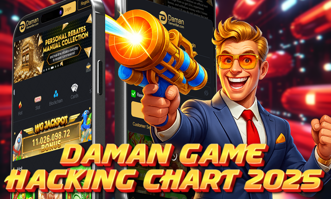 A cartoon-style man in a blue suit and red tie holding a glowing futuristic blaster, with the Daman Games mobile interface in the background and bold text reading “Daman Game Hacking Chart 2025.”