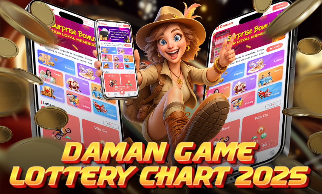 Excited cartoon-style adventurer holding a smartphone showing the Daman Game app interface, surrounded by large floating coins and three mobile screens with colorful lottery and casino game options. Bold text reads “Daman Game Lottery Chart 2025.”