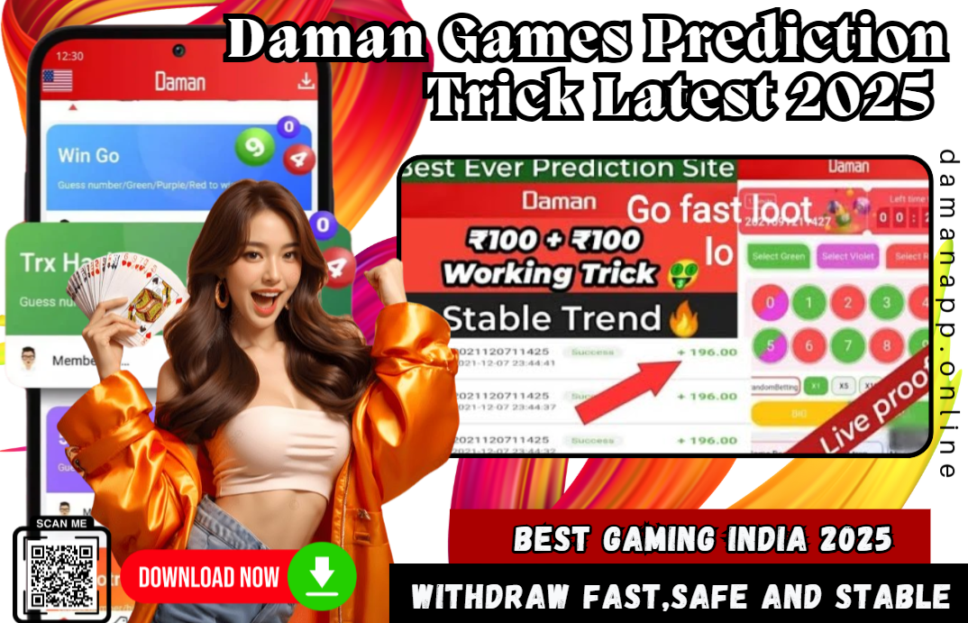 Promotional banner for “Daman Games Prediction Trick Latest 2025,” showing a woman holding playing cards, colorful background, Daman app interface screenshots with winning proofs, and text highlighting a working ₹100 prediction trick, stable trends, and fast withdrawals. Includes a QR code, “Download Now” button, and the website URL “damanapp.online.”
