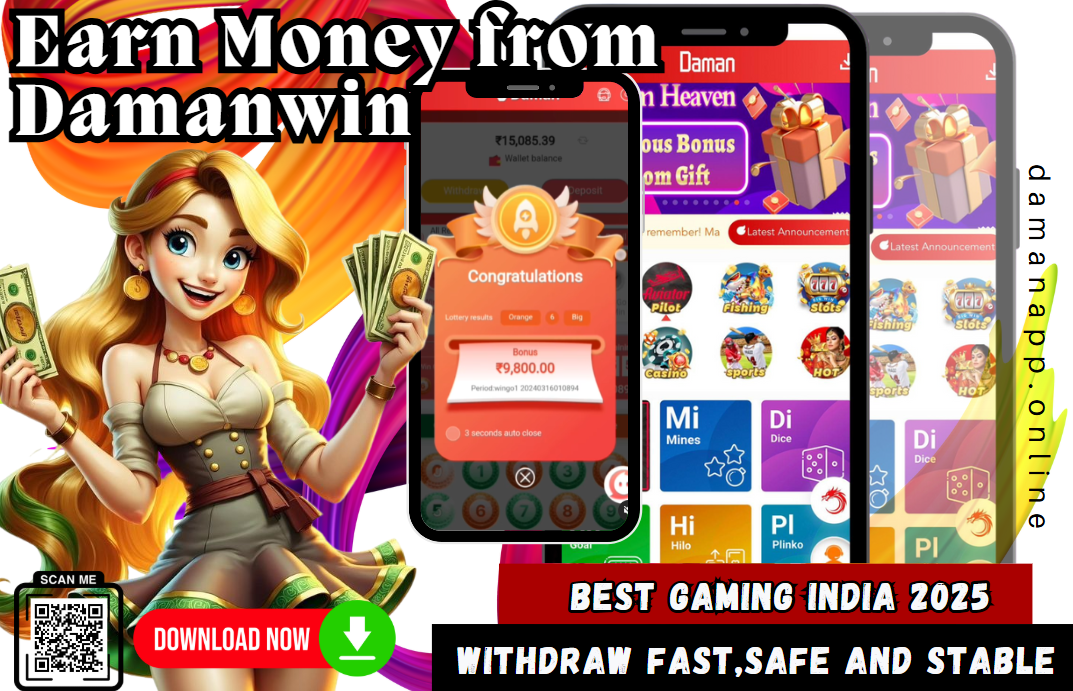 A promotional image for the Damanwin app, showing a woman holding cash and smiling, with a phone displaying a congratulatory lottery message of ₹9,800. The image includes a colorful interface with game categories, such as "Aviator Pilot," "Fishing," and "Casino," along with a QR code and download button for the app. Text highlights "Earn Money from Damanwin," "Best Gaming India 2025," and "Withdraw Fast, Safe and Stable."