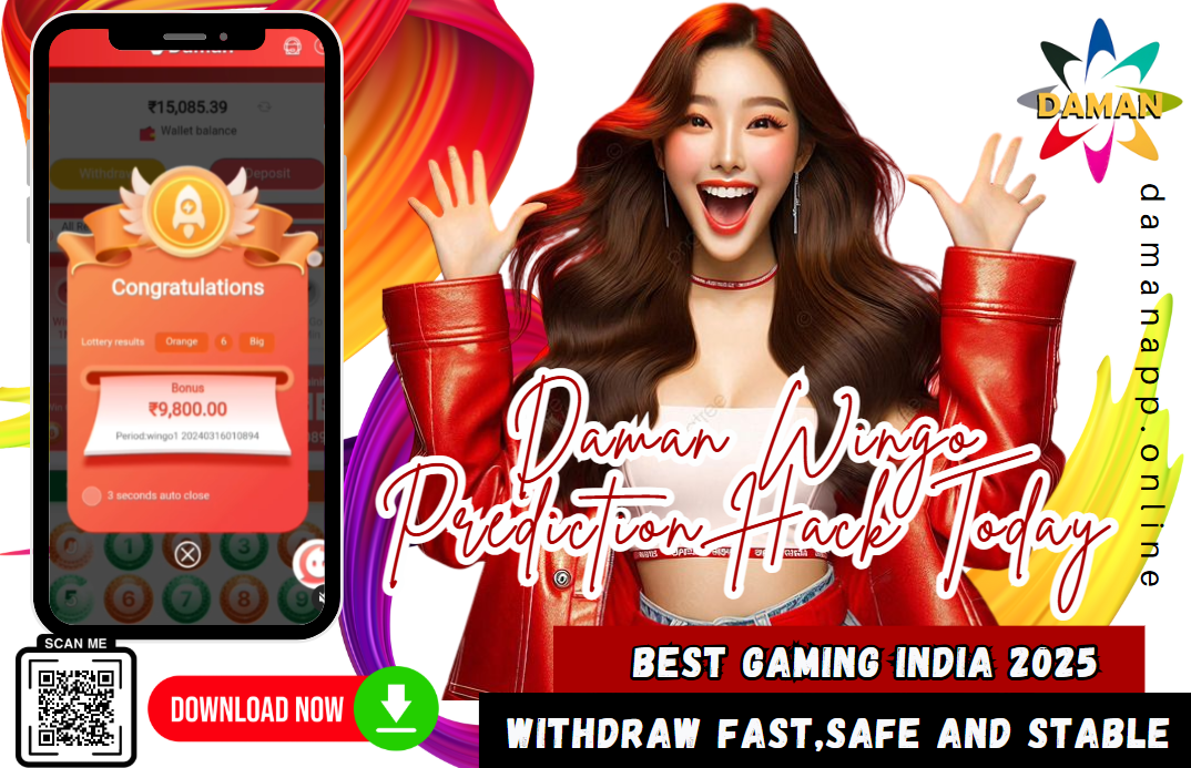A promotional image for the Daman Wingo app, featuring a woman with long hair in a red jacket, holding a phone displaying a congratulatory lottery message with a ₹9,800 bonus. The text on the image highlights "Daman Wingo Prediction Hack Today," "Best Gaming India 2025," and "Withdraw Fast, Safe, and Stable." A QR code and download link are visible at the bottom.